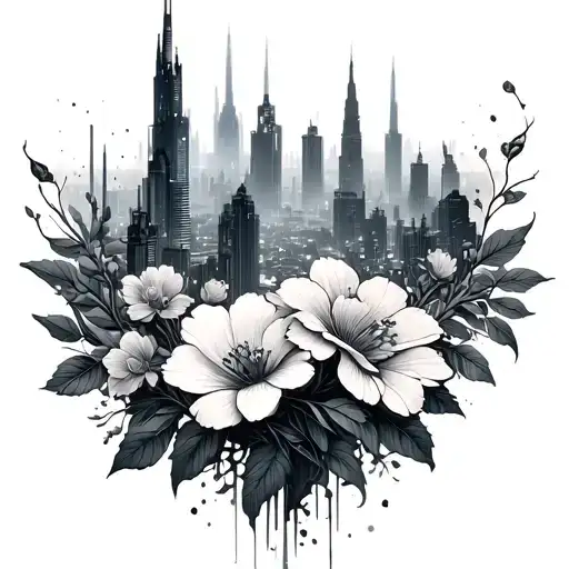 A futuristic cyberpunk cityscape with hidden gaming references intertwined with delicate flowers tattoo design idea