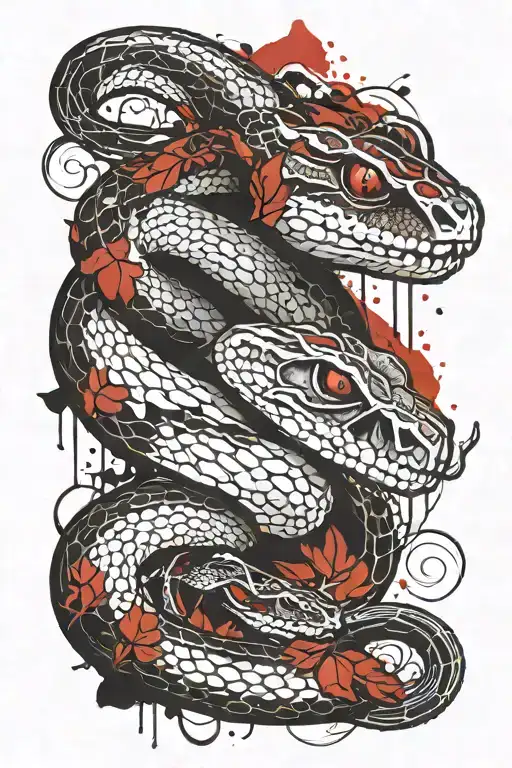 Two-headed snake with several leagues and skeleton tattoo design idea