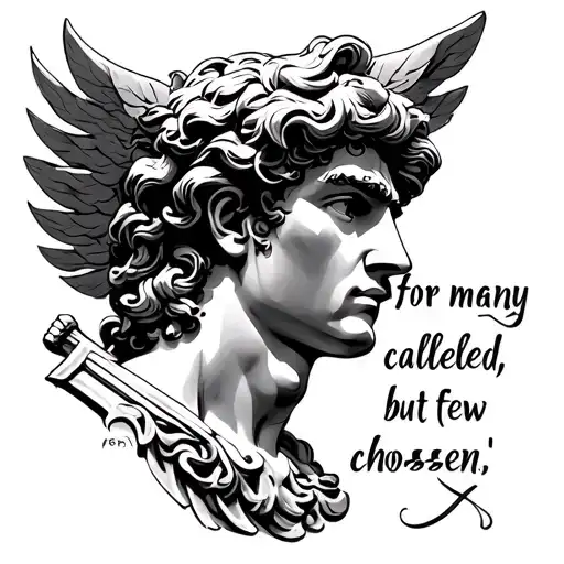 I want a sketch of Hermes the Greek god, with the writing “for many are called, but few are chosen” next to it in script tattoo design idea