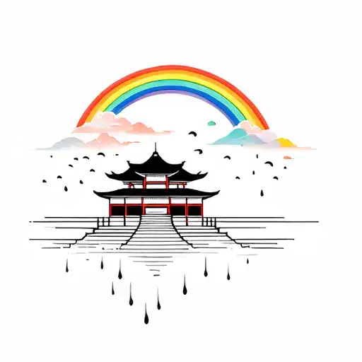 Korean temple, rainbow above, and rain  tattoo design idea