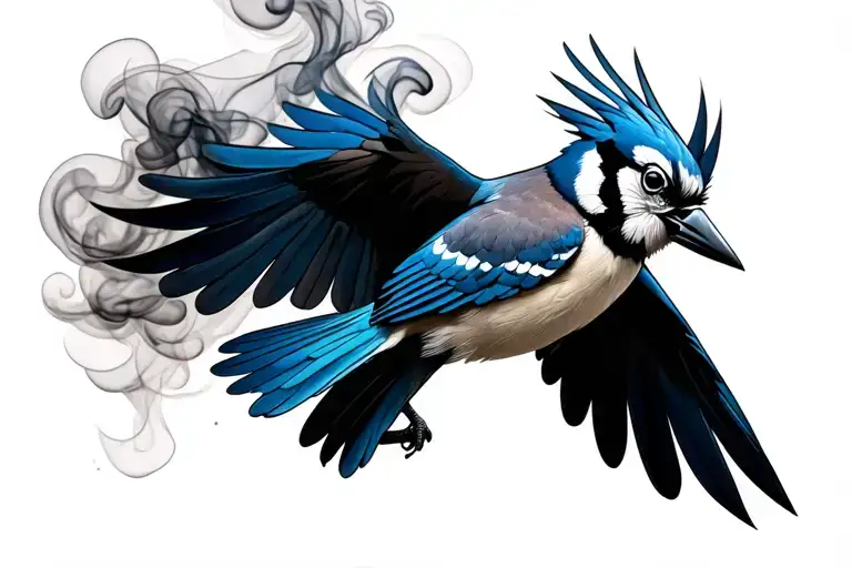smoke forming into a flying blue jay bird tattoo design idea