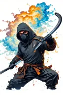 ninja in the mask and hoodie with no face turning nunchucks and create colored quantum cloud tattoo design idea