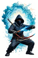 ninja in the mask and hoodie with no face turning nunchucks and create colored quantum cloud tattoo design idea