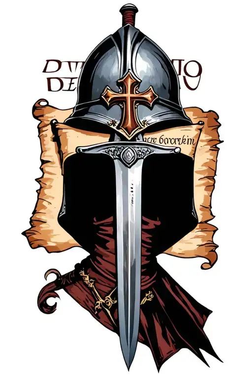 templar helmet upon a shuled with templar cross, with a sword in back. all upper a parchment with text DEVOTIO .  tattoo design idea
