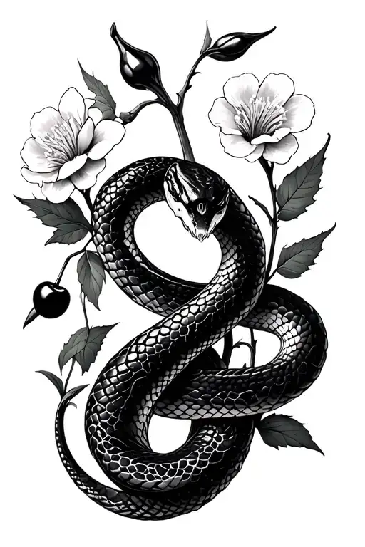 A snake made up of the 7 sins with cherry flowers around it tattoo design idea