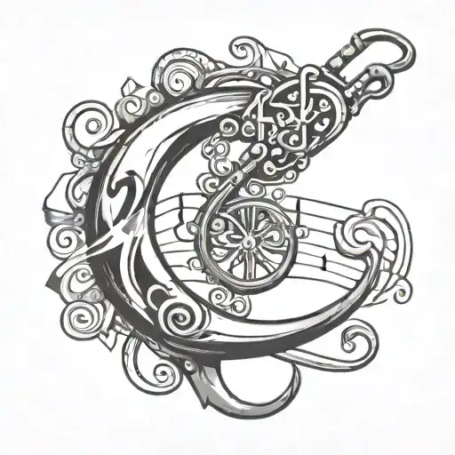 fishing hook with music notes intertwined tattoo design idea