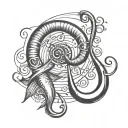 fishing hook with music notes intertwined tattoo design idea