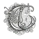 fishing hook with music notes intertwined tattoo design idea