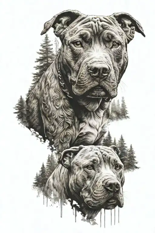 pitbull dog with background of the forest tattoo design idea