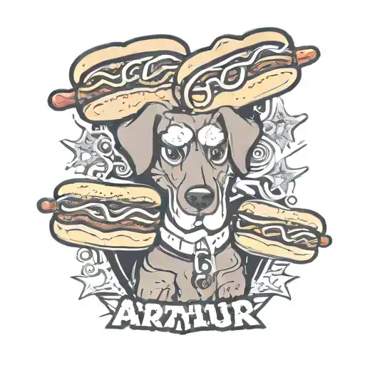 the name Arthur surrounded by cartoon hot dogs tattoo design idea