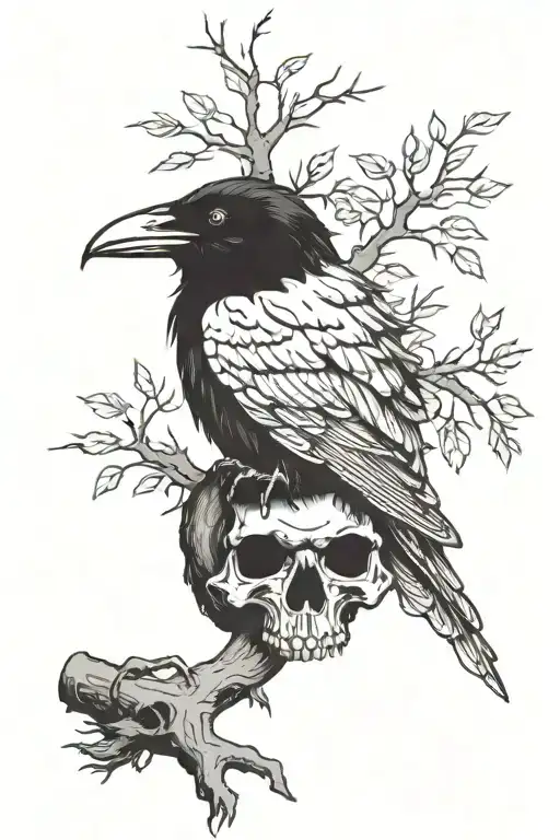 Undead raven that has a skull face, resting in a tree tattoo design idea