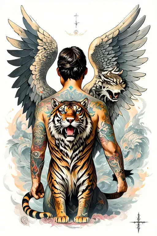 Full back Tattoo of 2 Wings of Cherubim biblically accurate, With attached of Leon, Tiger and Wolf, using fine line  tattoo design idea