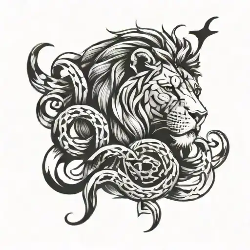 Incorporate a lion and a snake intertwined in a dynamic and fierce design, symbolizing strength and agility in your fitness journey tattoo design idea