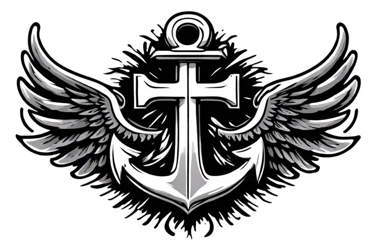 anchor with cross in background, cross has wings  tattoo design idea