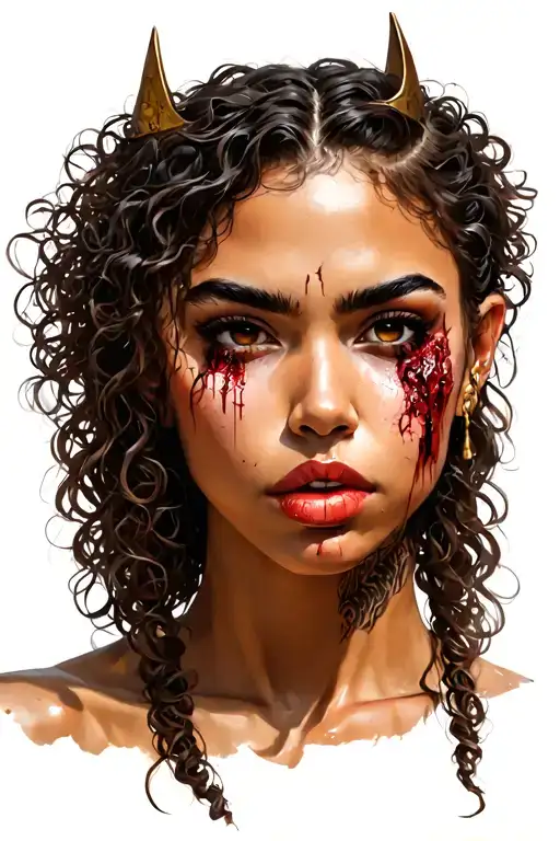 realistic face, Latina warrior with curly brown hair, tilted crown on head, slight cut and bruises, tasting busted lip tattoo design idea