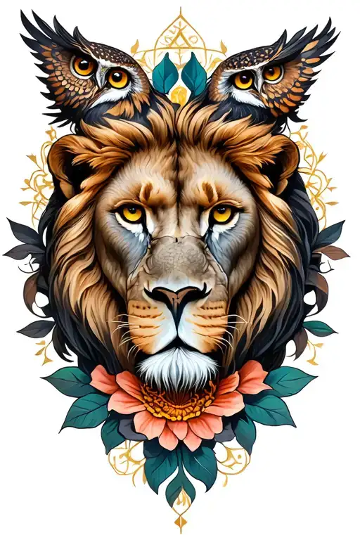 star of ishtar, one lion, two owls, 8 petal rosette tattoo design idea