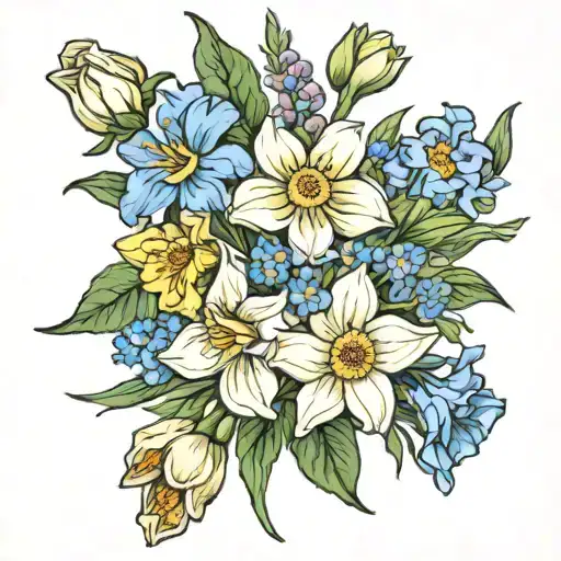 Narcissus, cosmos, larkspur, and hawthrone flower bouquet  tattoo design idea