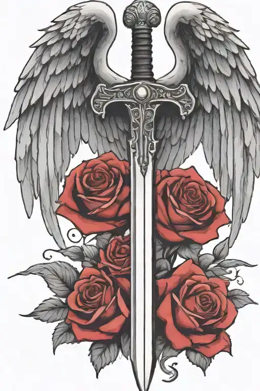 angel wings behind a sword, roses tattoo design idea