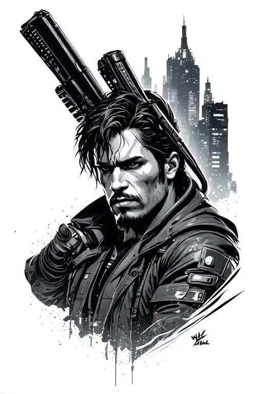 Johnny silverhand cyberpunk 2077 on night city theme tattoo design idea