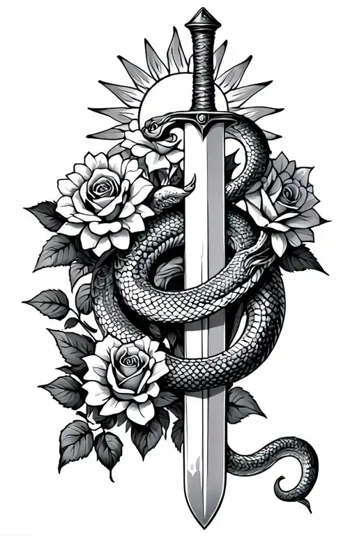 snakes wrapped around a sword with sun flowers and roses growing tattoo design idea