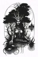 Voodoo priestess surrounded by trees and swamp water with a voodoo church in the background and shadows of a cult ritual tattoo design idea