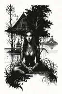 Voodoo priestess surrounded by trees and swamp water with a voodoo church in the background and shadows of a cult ritual tattoo design idea