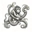 a monkey, snake, and dragon holding onto a tree tattoo design idea