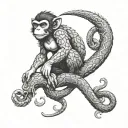 a monkey, snake, and dragon holding onto a tree tattoo design idea