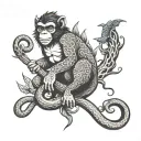 a monkey, snake, and dragon holding onto a tree tattoo design idea