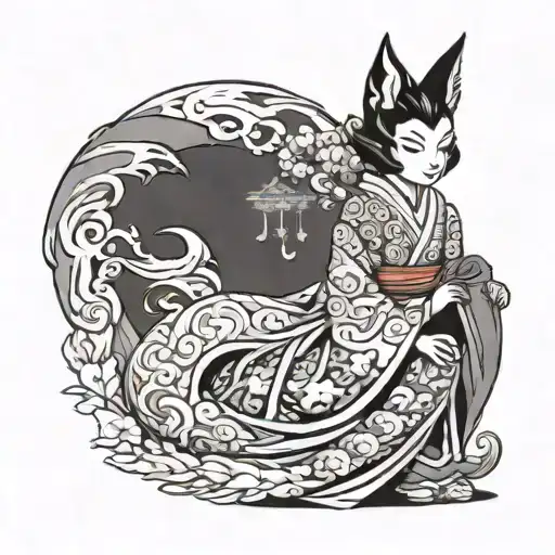 kitsune in a long dress holding an oni mask tattoo design idea