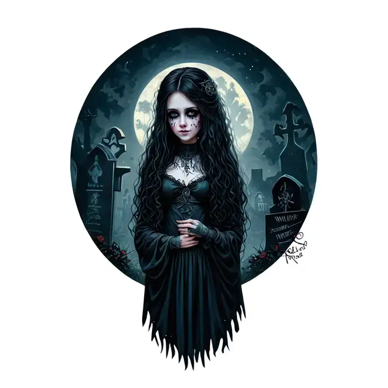 goth girl and graveyard tattoo design idea