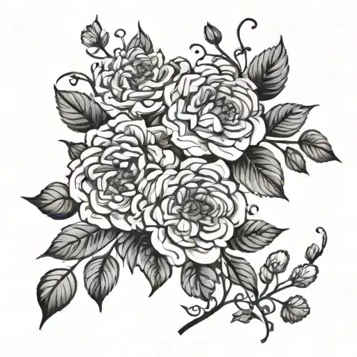 large roses carnations dahlias Azaleas all connected by vines and leaves but spread out tattoo design idea