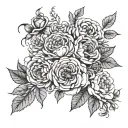 large roses carnations dahlias Azaleas all connected by vines and leaves but spread out tattoo design idea