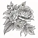 large roses carnations dahlias Azaleas all connected by vines and leaves but spread out tattoo design idea