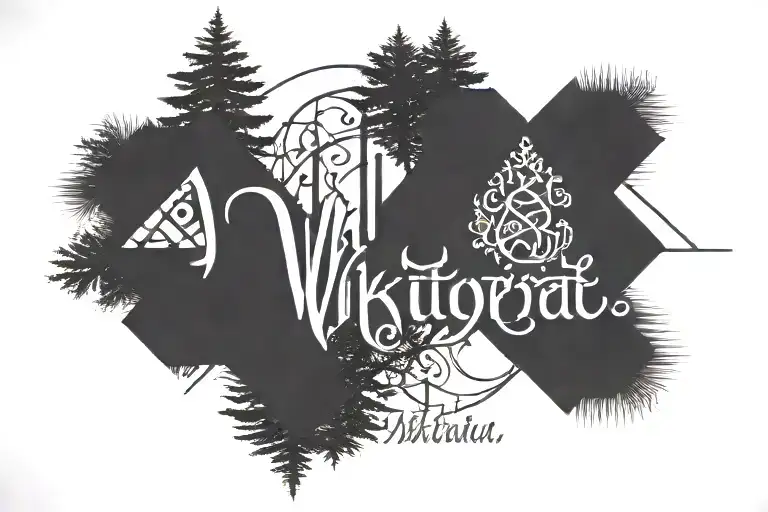 Name "Wiktoria" and Date 21 12 2024 written in sharp caligraphical way with geometrical trees around tattoo design idea