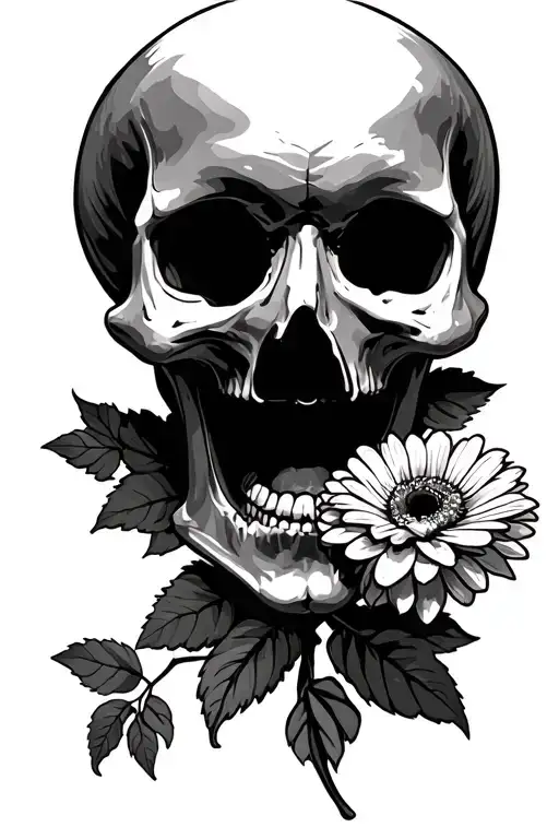 Skull head holding flower in mouth open tattoo design idea