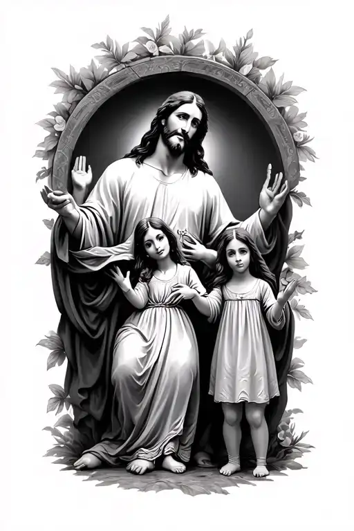 Jesus Christ guiding a family husband wife and daughter  tattoo design idea