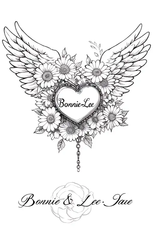 mexican heart surrounded by angel wings. "Bonnie-Lee" written on the locket. roses, daisies. tattoo design idea