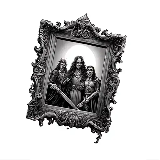 Do me a tattoo design of the labyrinth wall movie with a picture frame and all the characters in there own frame  tattoo design idea