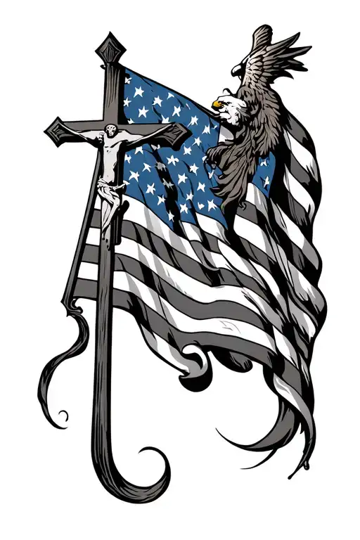 AMERICAN FLAG AND CHRISTIAN CROSS tattoo design idea