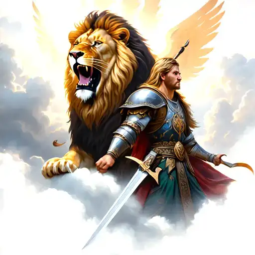 realistic a lion roaring next to a warrior with a sword in the clouds like heaven tattoo design idea