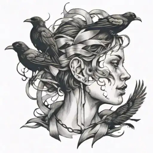 a woman's severed head at the neck with crows surrounding it holding a single ribbon flowing freely tattoo design idea