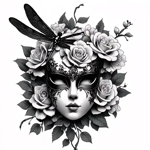 gothic mask, roses and cherry blossoms with dragonfly tattoo design idea