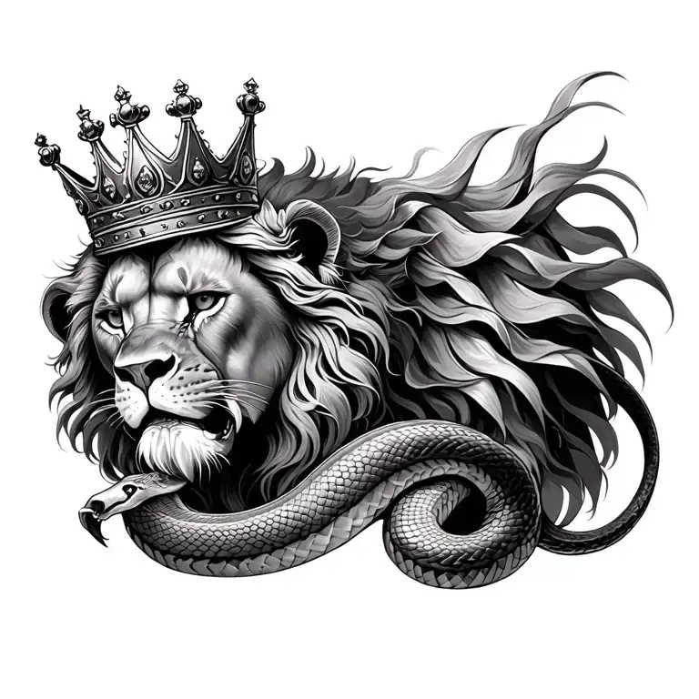 Realism lion with a crown eating a snake tattoo design idea