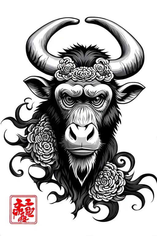 Chinese ox and monkey face morphing tattoo design idea