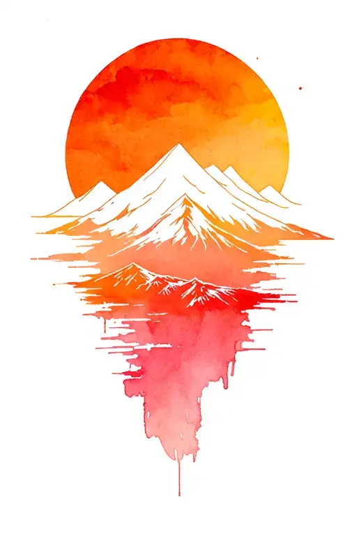mountain silhouette at the bottom, rising sun above, thin line border, elegant and symbolic tattoo design idea