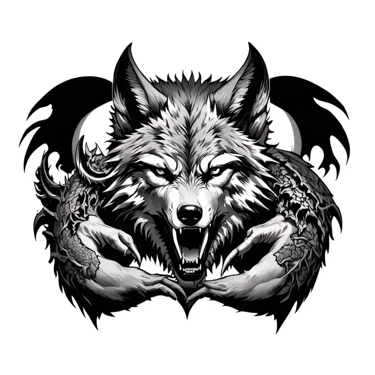 krakon down arm and ccheat and dagon downn other with wolf in middle tattoo design idea