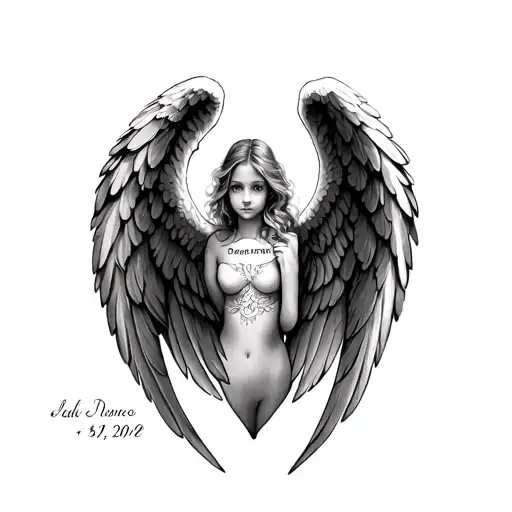 angel wings on my chest with my daughter's names and birthdates tattoo design idea