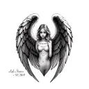 angel wings on my chest with my daughter's names and birthdates tattoo design idea
