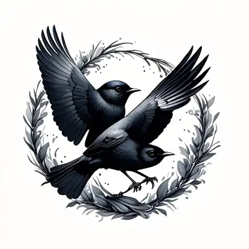 two small blackbirds flying to each other in a circle tattoo design idea